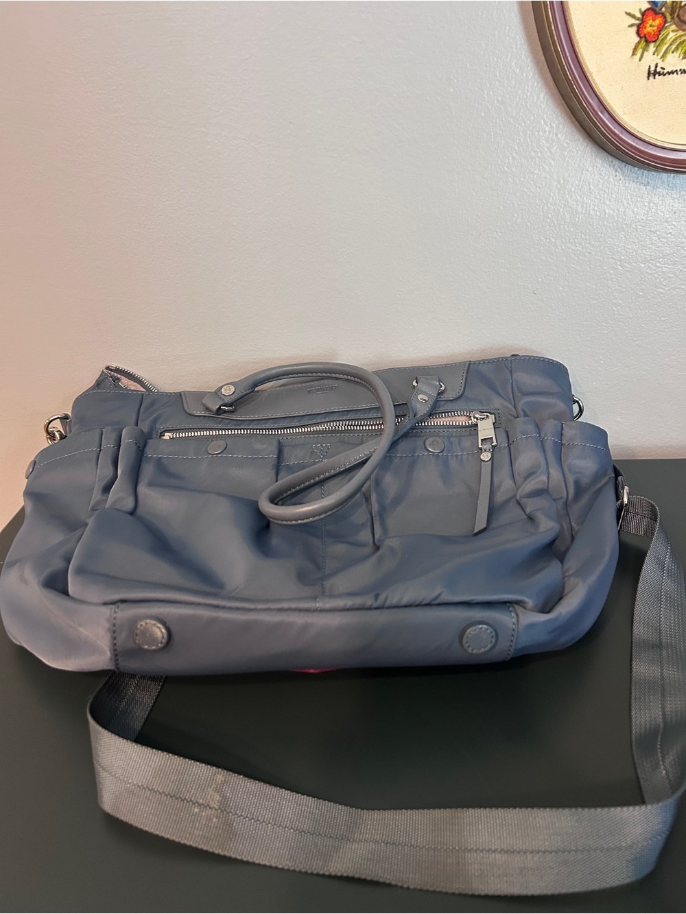 MZ Wallace Canvas Tote Bag with Leather Details Blue Tan OS